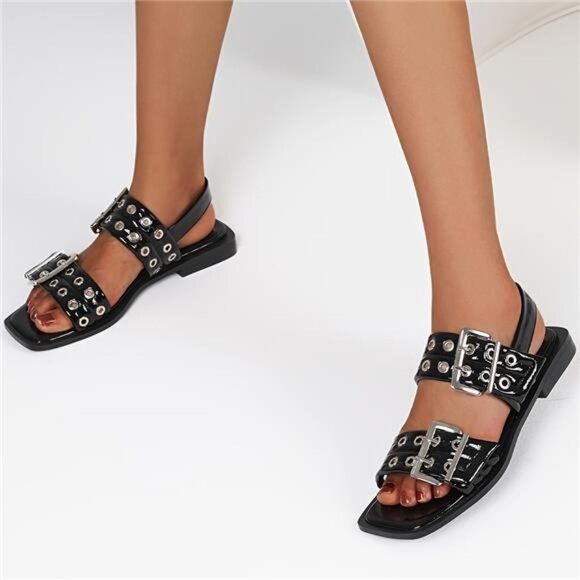 NEW - Women'S Square Head Open Toe Wide Buckles Slingback Block Heels Summer - Picture 3 of 8